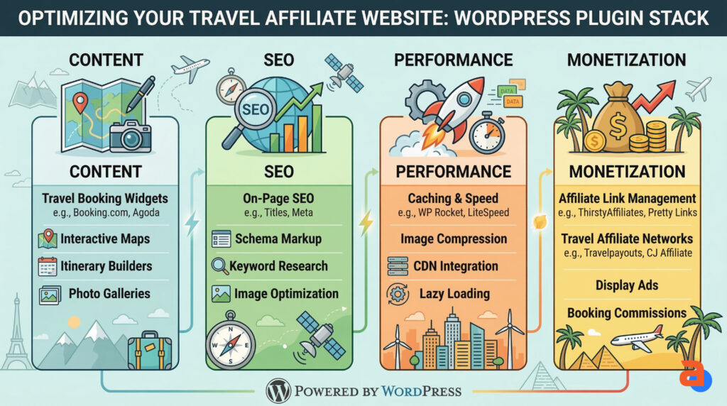 WordPress plugin stack for a travel affiliate website including content, SEO, performance, and monetization
