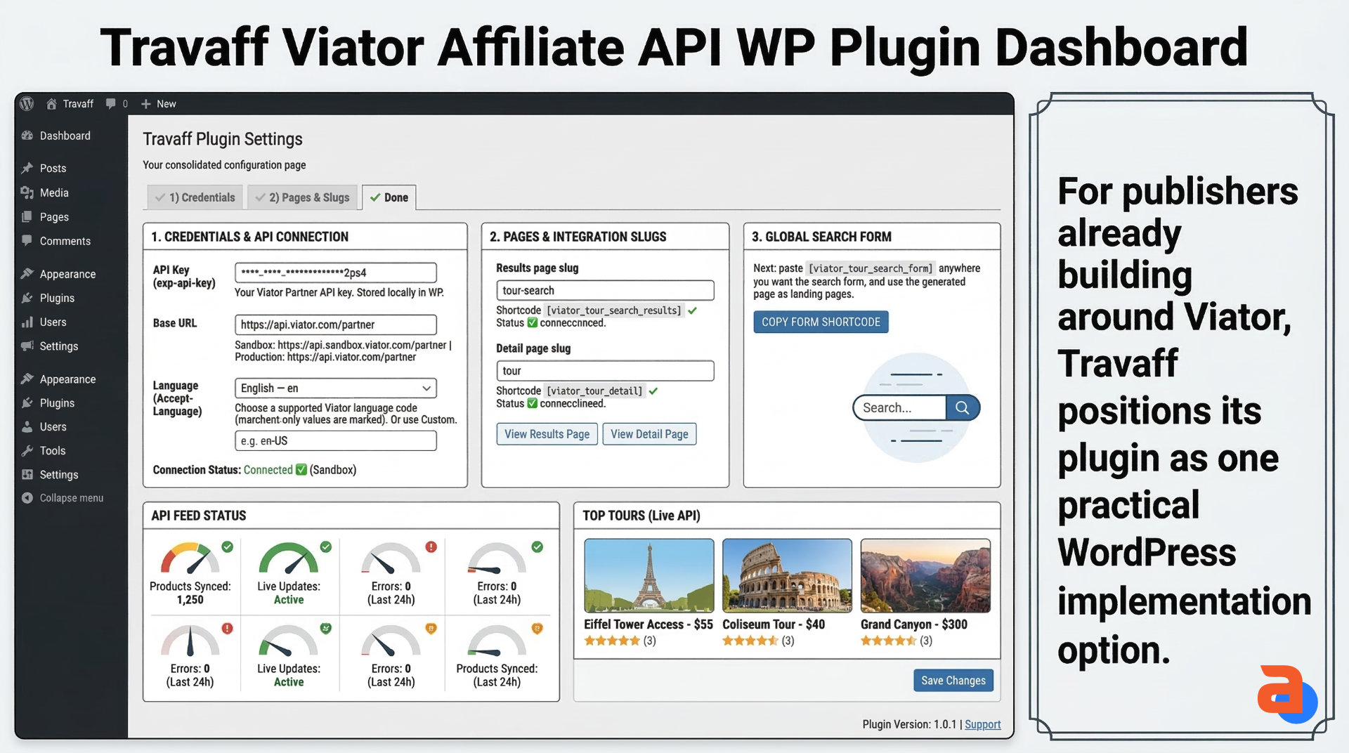 Travaff Viator Affiliate API WP Plugin dashboard on WordPress