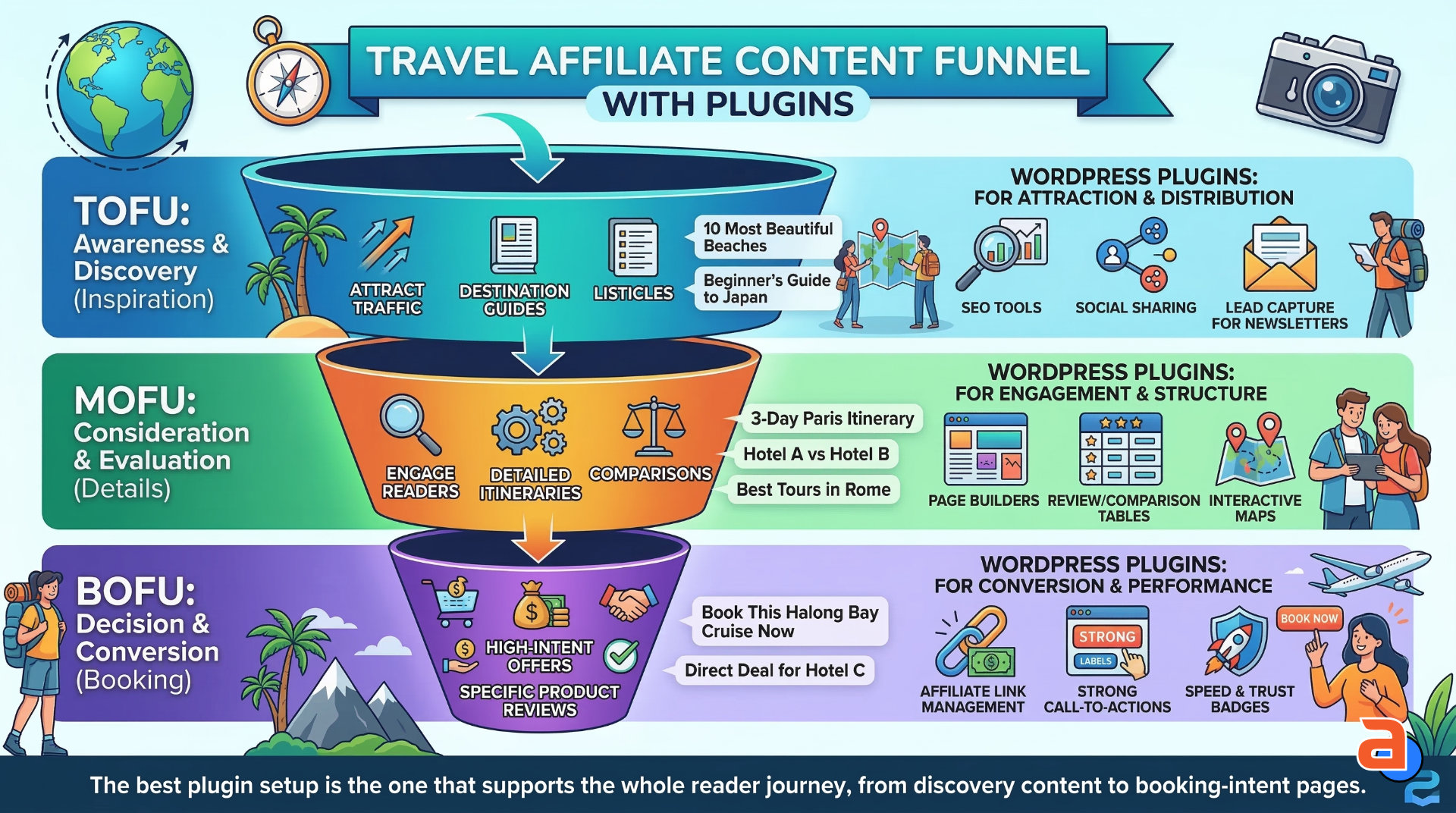 Content funnel for a travel affiliate website built on WordPress plugins
