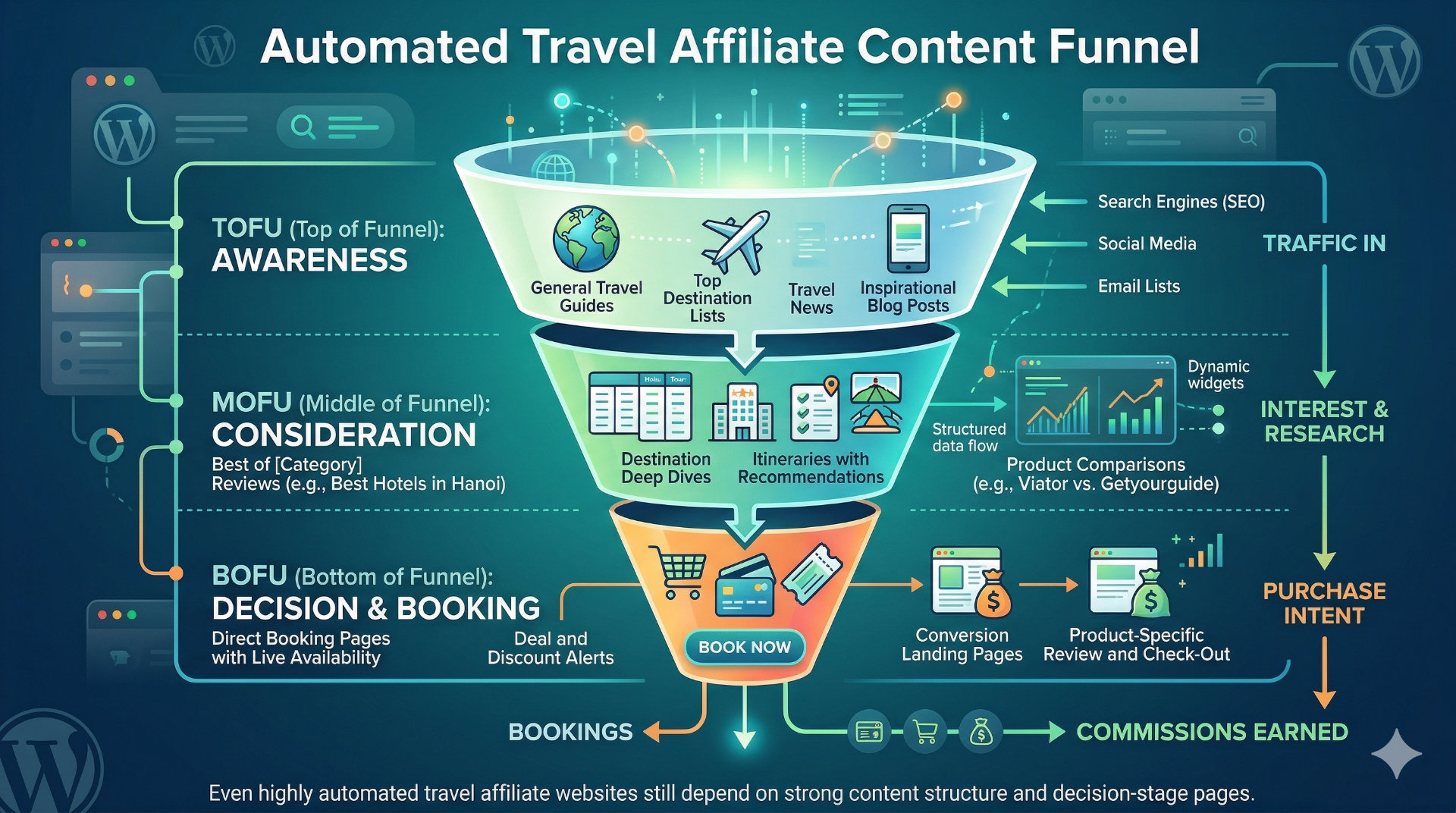 Content funnel for an automated travel affiliate website