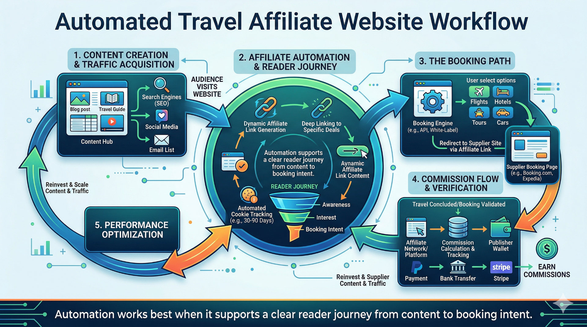 Workflow diagram showing content, affiliate automation, booking path, and commission flow