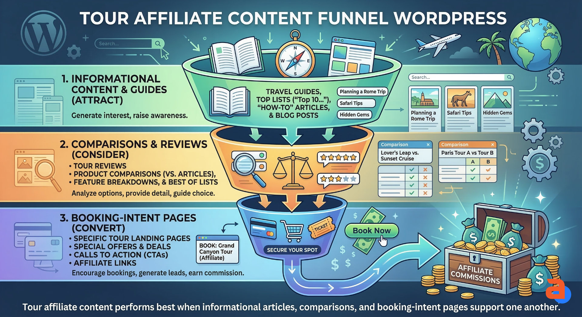 Content funnel for a WordPress tour affiliate site from guide content to booking-intent pages