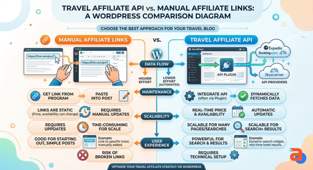 Comparison diagram between travel affiliate API and manual affiliate links