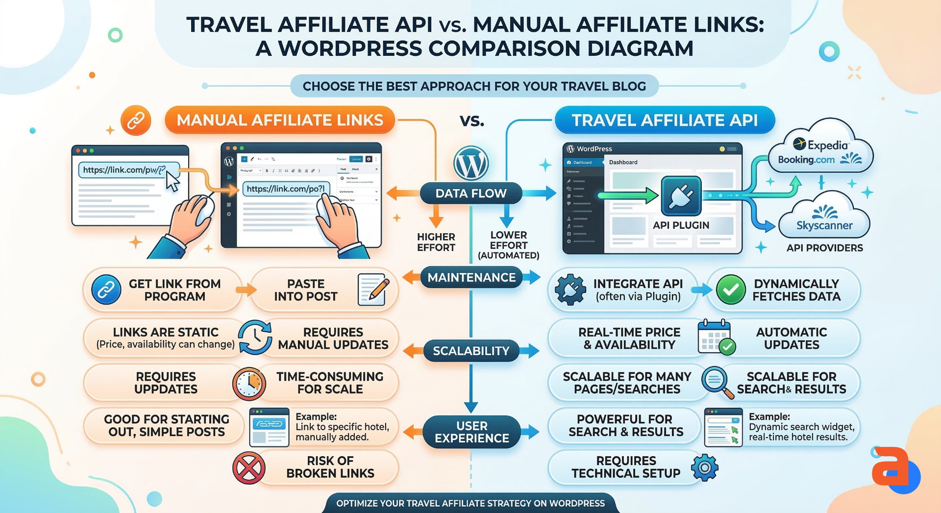 Comparison diagram between travel affiliate API and manual affiliate links