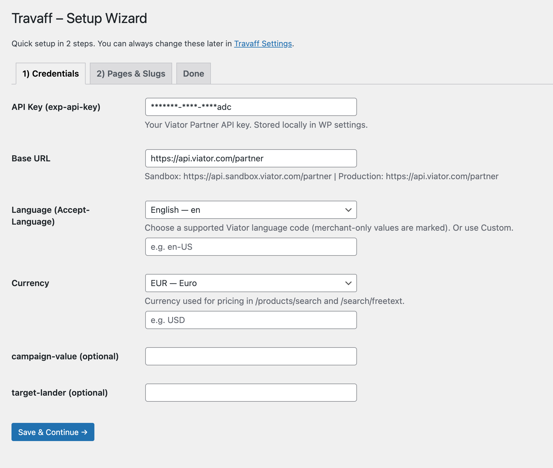 Travaff Viator Affiliate API WP Plugin dashboard on WordPress