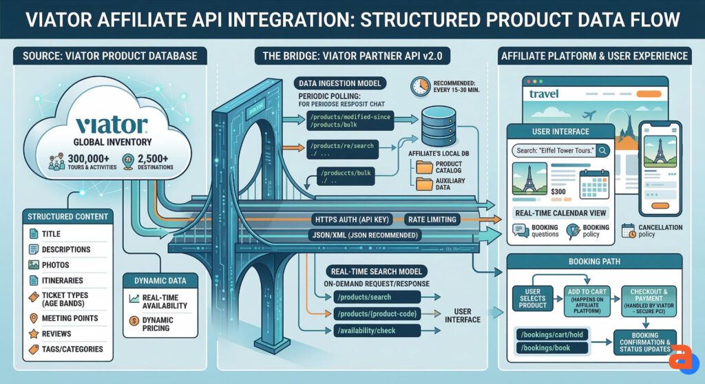 Structured product data flow representing Viator Affiliate API integration