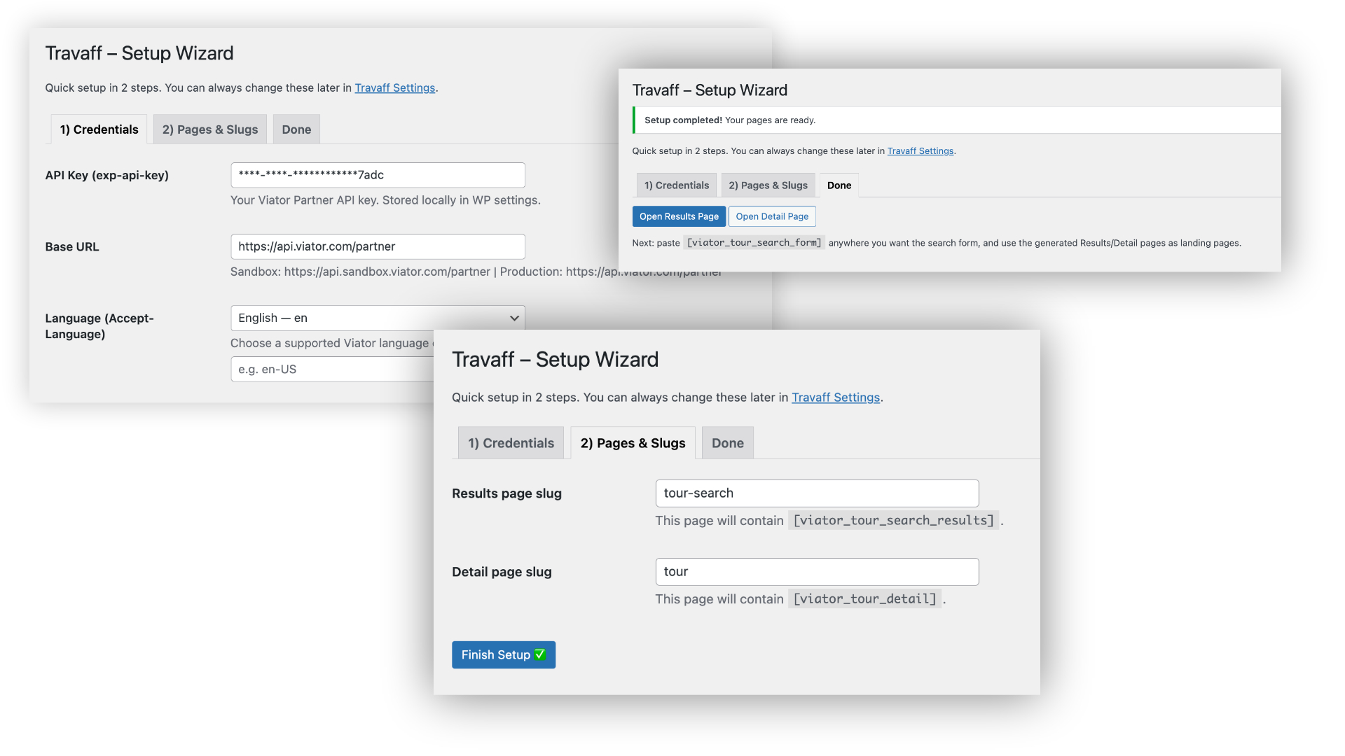 Travaff Viator Affiliate API WP Plugin dashboard interface on WordPress
