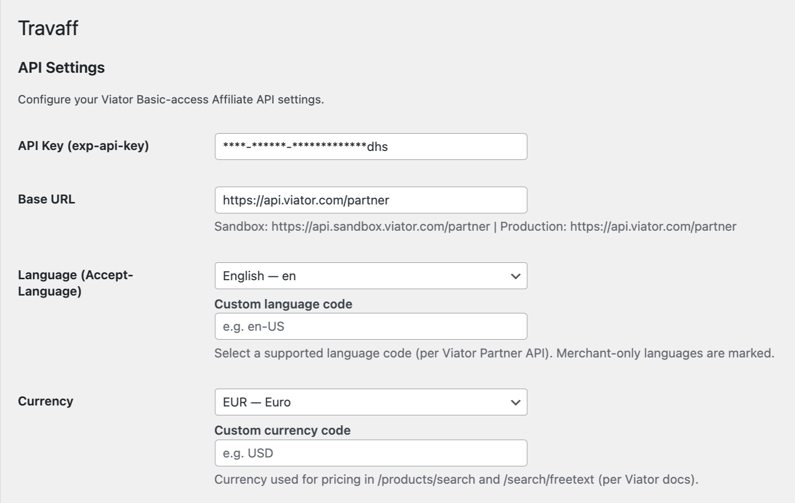 Travaff Viator Affiliate API WP Plugin interface on WordPress
