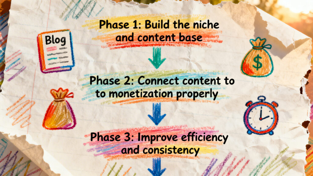 Roadmap showing growth from content foundation to monetization system