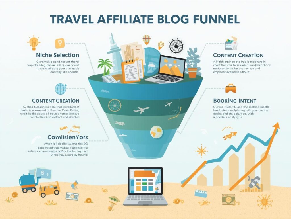Travel affiliate blog funnel showing niche, content, booking intent, and commission flow