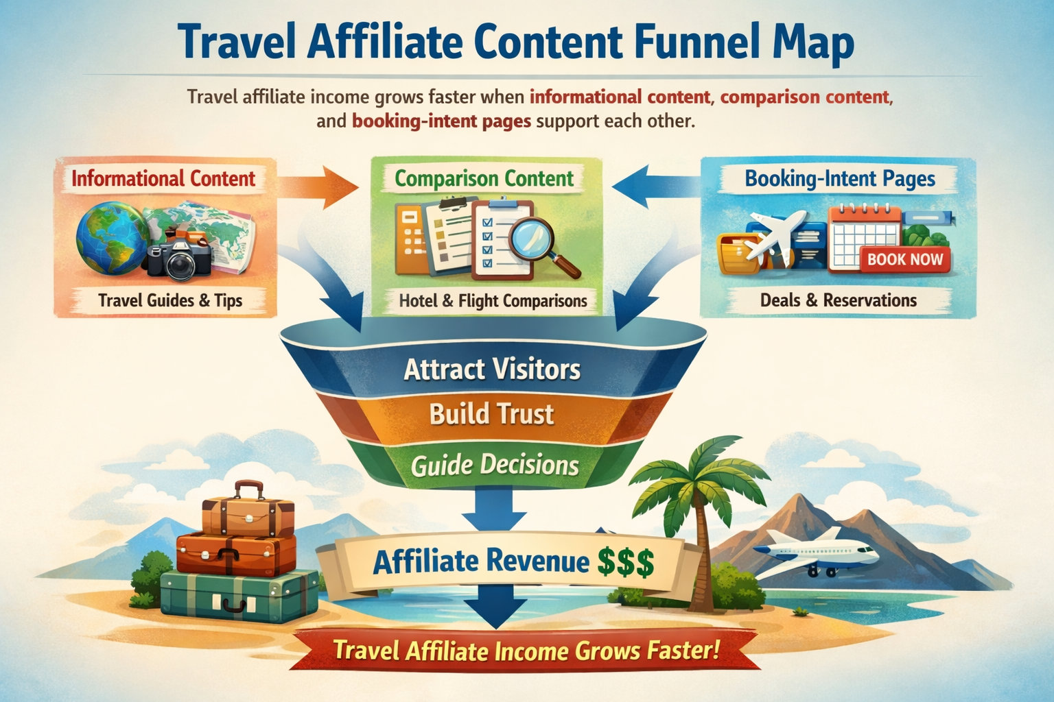 Travel affiliate content funnel from informational posts to booking-intent content
