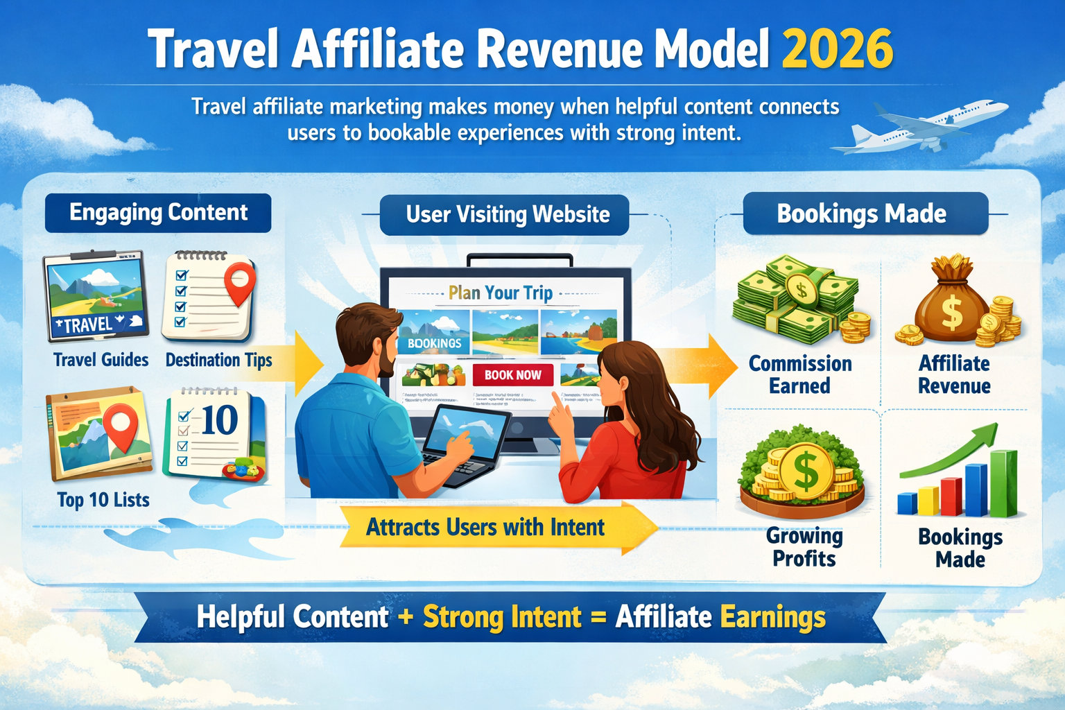 Travel affiliate revenue model showing content, booking intent, and commission flow
