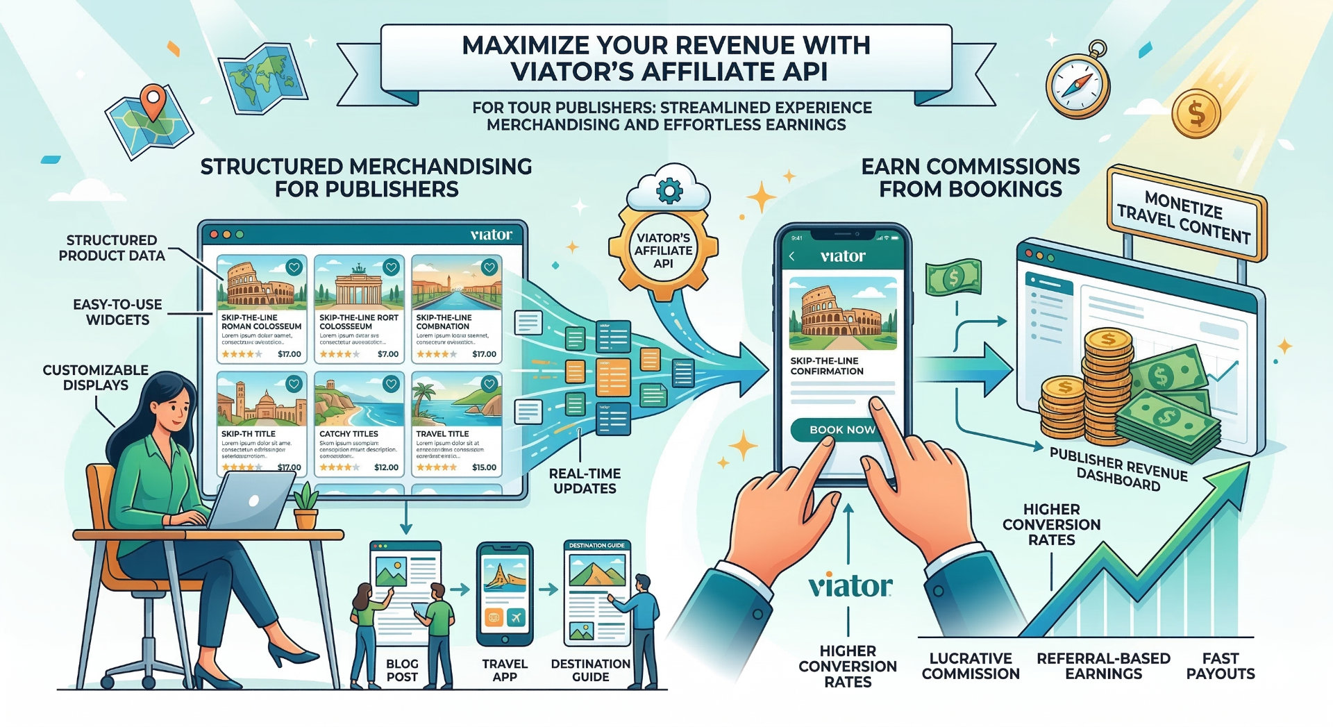 Tour and activity catalog layout representing Viator Affiliate API on a website