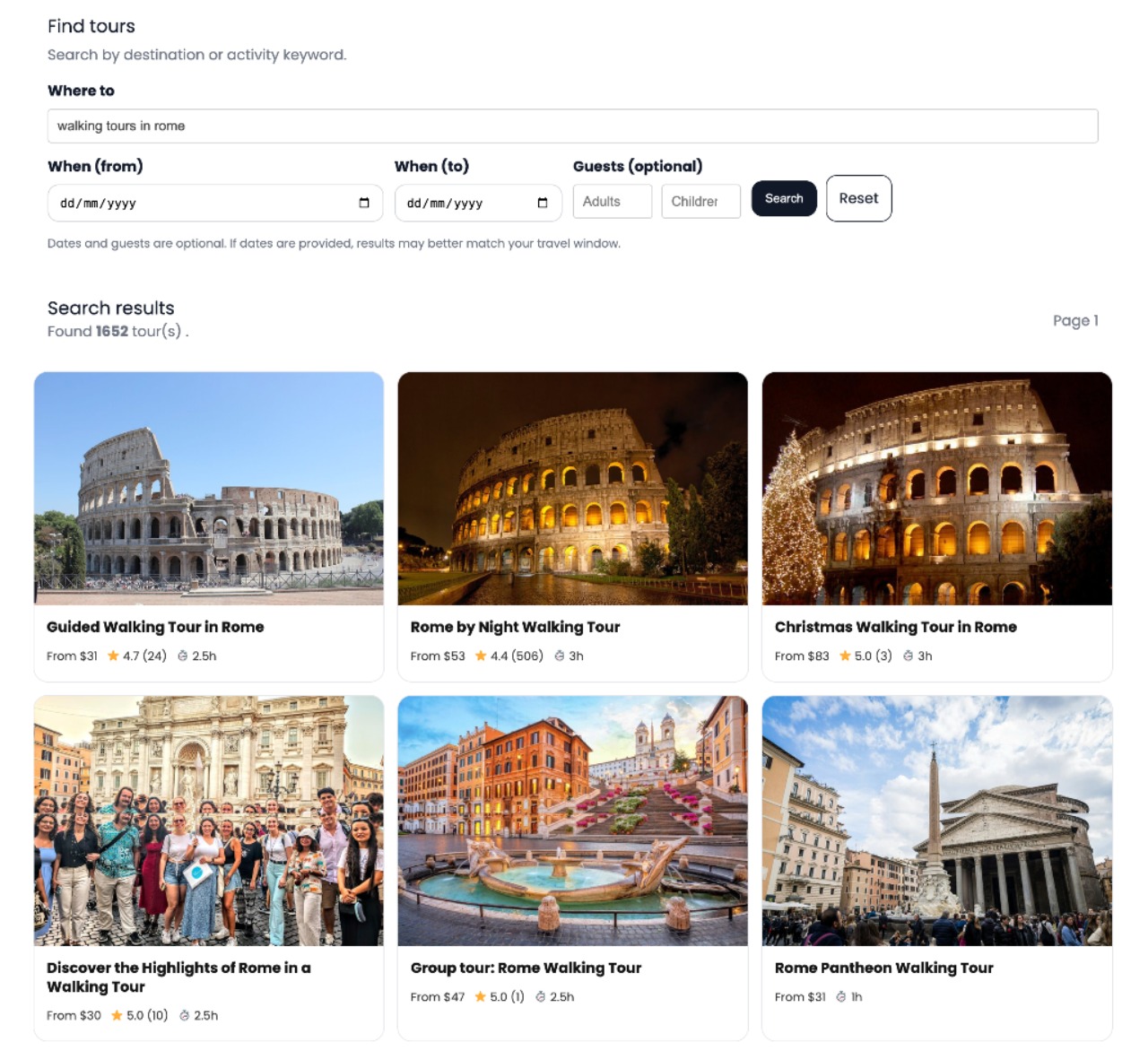 Tours and activities listing layout representing Viator Affiliate API merchandising