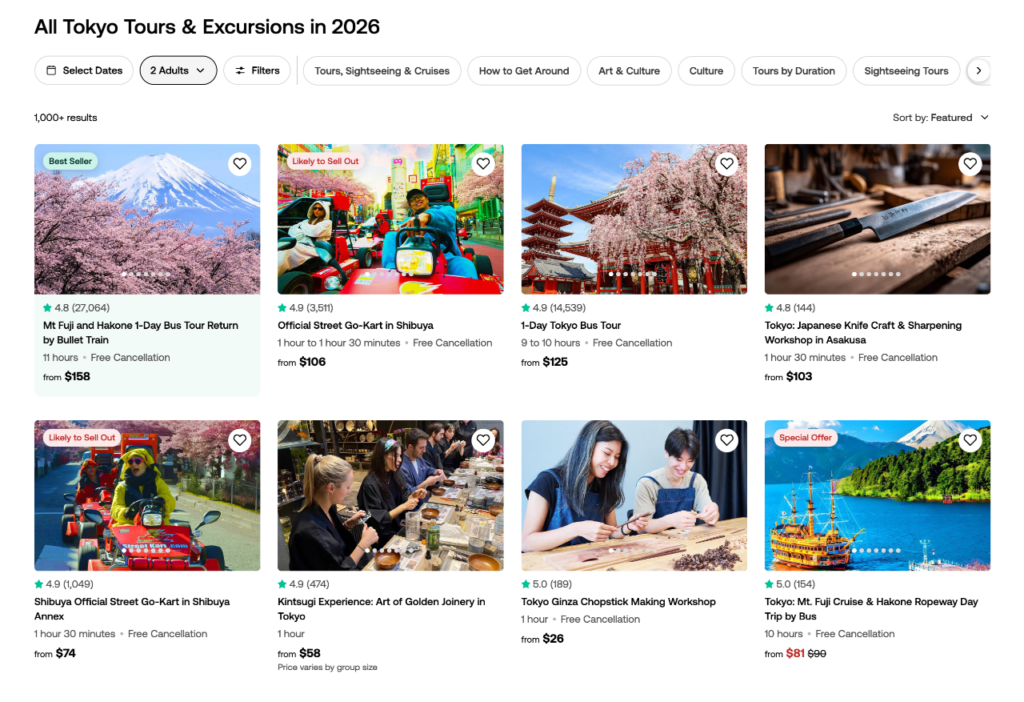 Travel experiences listing layout representing Viator Affiliate API inventory