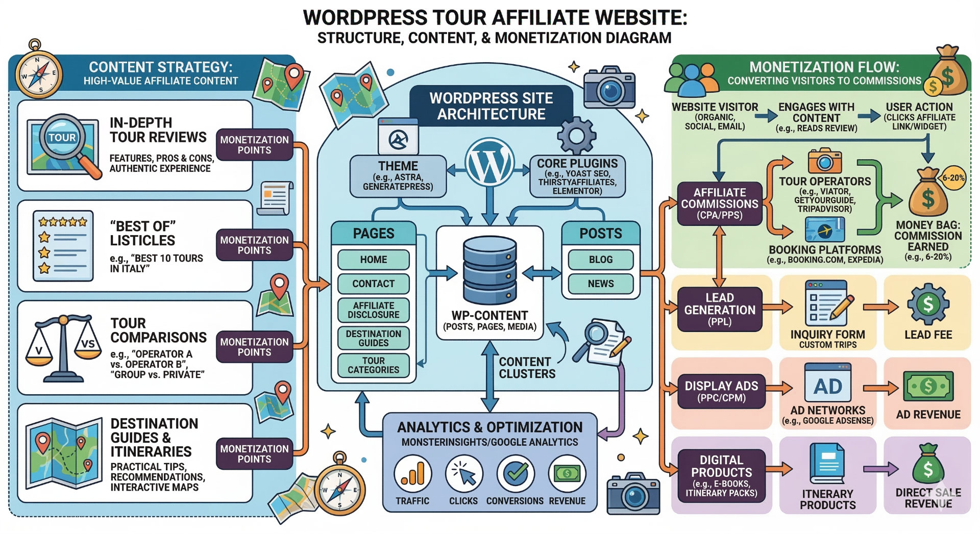 Website structure diagram for a WordPress tour affiliate site