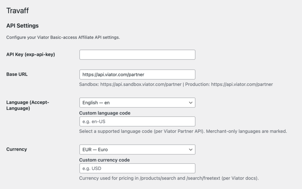 Viator Affiliate API WP Plugin Tutorials - API Key Setting